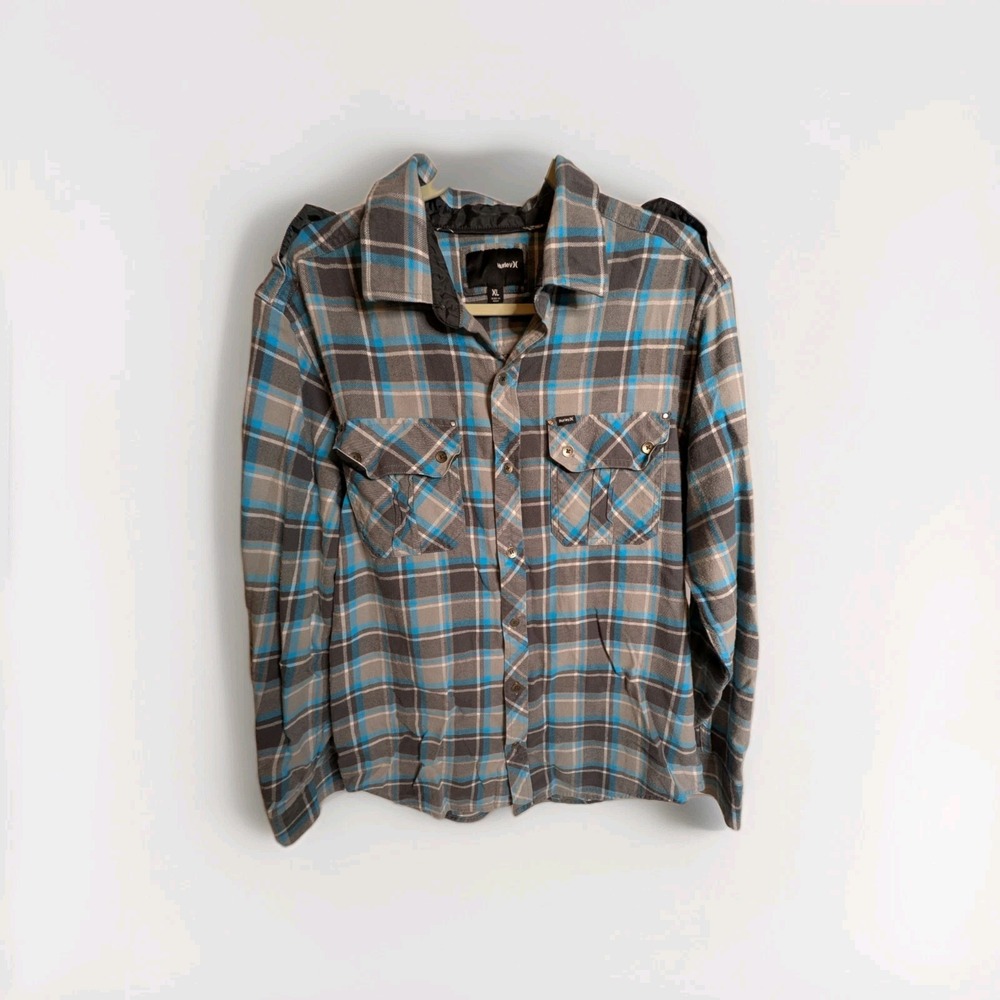 Hurley‎ Men's Blue Gray Surf Plaid Flannel Long Sleeves Shirt Size XL
